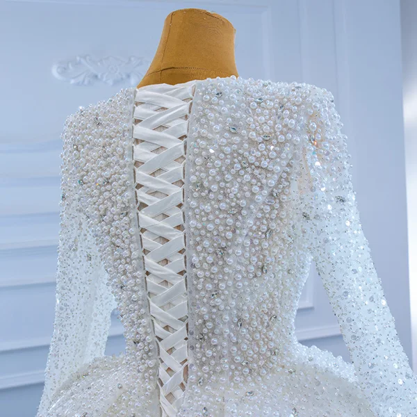 High-end Sparkly Ivory Pearl Wedding Dresses 2021 Ball Gown Handmade  Beading Rhinestone Sequins V-Neck Long Sleeve Court Train Wedding