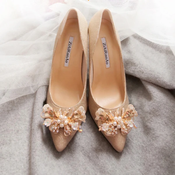 Glitter Charmant Goud Bruidsschoenen 2020 Leer Glans Pailletten Parel Rhinestone 6 cm Naaldhakken / Stiletto Spitse Neus Huwelijk Pumps