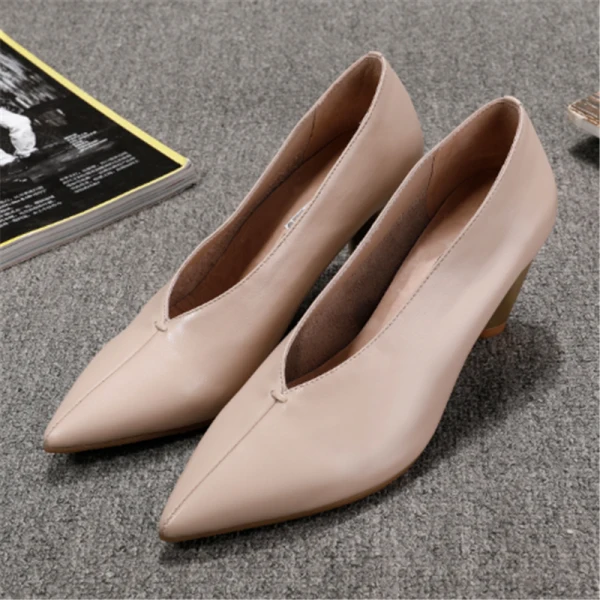 Simple Marron Désinvolte Escarpins 2020 Cuir 7 cm Talons Épais À Bout Pointu Escarpins