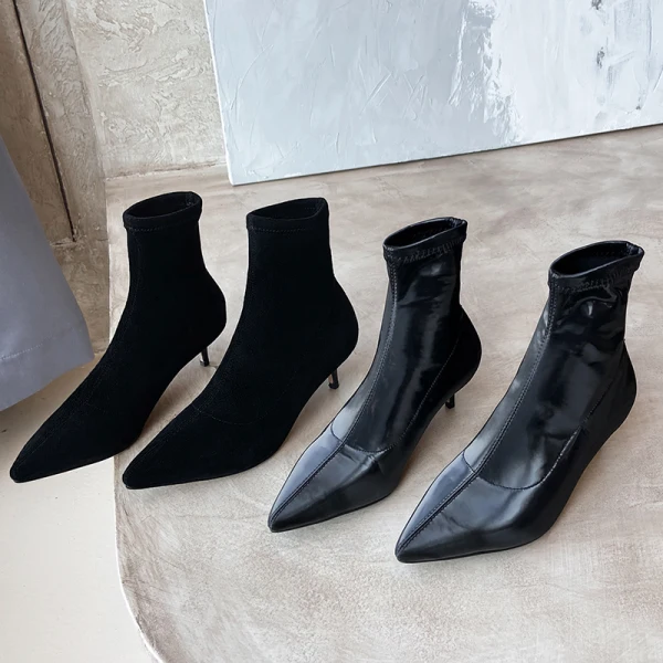 Fashion Black Street Wear Leather Womens Boots 2020 Ankle 5 cm Stiletto Heels Pointed Toe Boots