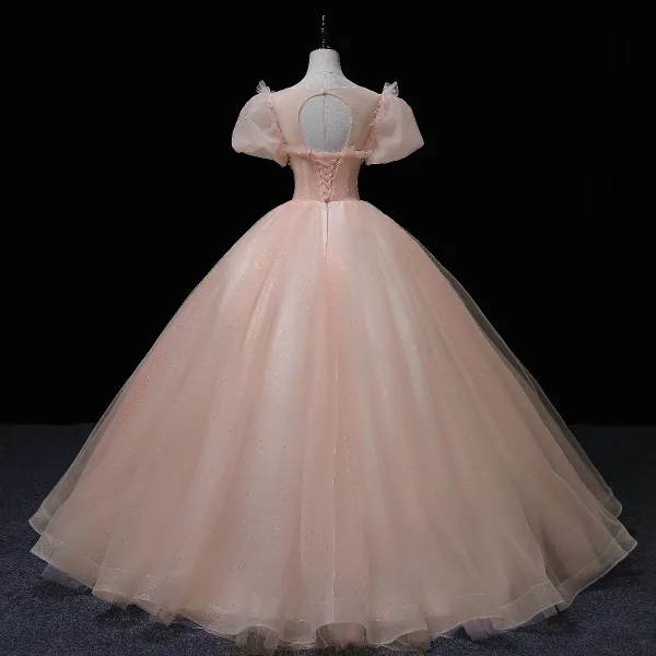 Elegante Blozen Roze Kralen Parel Pailletten Galajurken 2022 Baljurk Ronde Hals Gezwollen Korte Mouwen Ruglooze Lange Gelegenheid Jurken