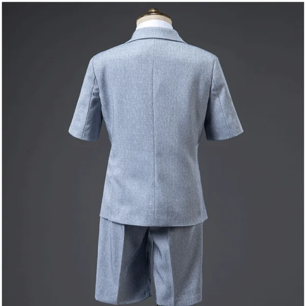 Mode Gris Bleu Ciel Costume Garçon Mariage 2021 Manches Courtes Noeud Cravate