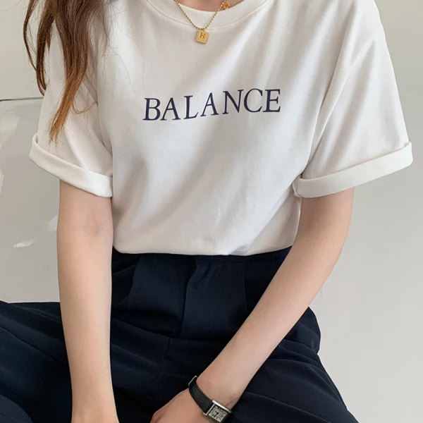 Casual Summer Letter Graphic White Loose Cotton T-shirt 2021 Scoop Neck Short Sleeve Women's Tops T-Shirts