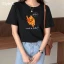 Chic / Beautiful Black Summer Casual Cartoon Printing Cotton Loose T-shirt 2021 Scoop Neck Short Sleeve Women's Tops T-Shirts