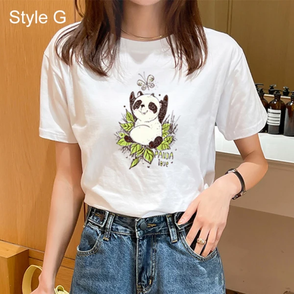 Casual Summer White Loose Cartoon Printing T-Shirts 2021 Cotton Scoop Neck Short Sleeve Women's Tops T-shirt