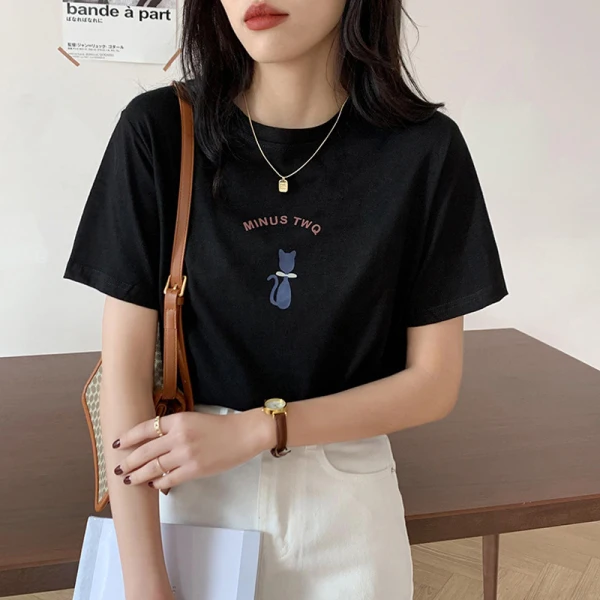 Fashion Summer Street Wear Cotton Cartoon Printing Black T-Shirts 2021 Loose Scoop Neck Short Sleeve Women's Tops T-shirt