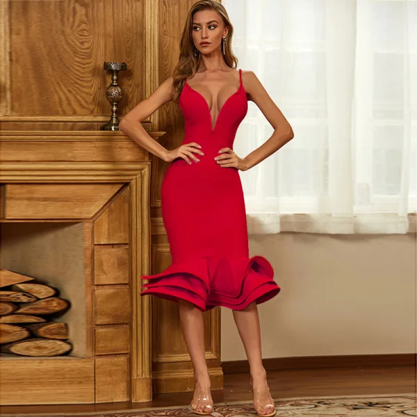 Sexy Fashion Summer Blushing Pink Cascading Ruffles Tight  Evening Dresses  Cocktail Dresses 2021 Spaghetti Straps Sleeveless Women Cocktail Party Evening Party Dresses Formal Dresses