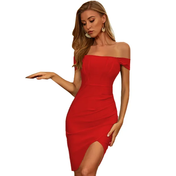 Sexy Red Tight  Women Evening Party Cocktail Party 2021 Off-The-Shoulder Sleeveless Backless Women's Tops Dresses