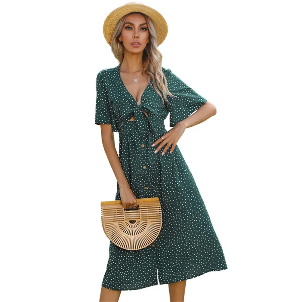 Fashion Burgundy Summer Street Wear Spotted Women Dresses 2021 V-Neck Bow Short Sleeve