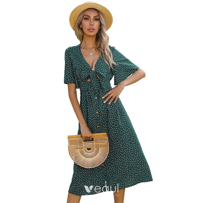 Mode Bordeaux Zomer Straatkleding Gevlekte Dames Jurken 2021 V Hals Strik Korte Mouwen