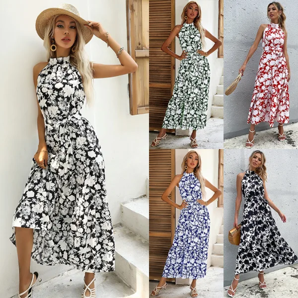 Chic / Beautiful Summer Black Floral Street Wear Maxi Dresses 2021 High Neck Sleeveless Women Dresses