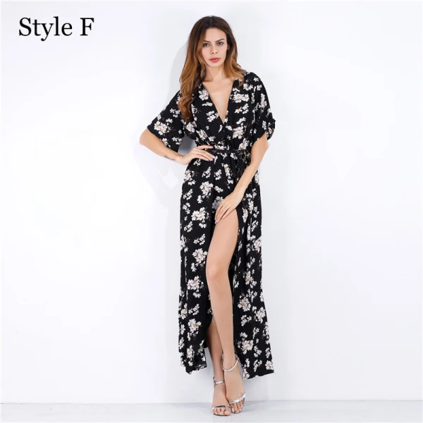 Summer Black Street Wear Beach Floral Maxi Dresses 2021 V-Neck Short Sleeve Women Dresses