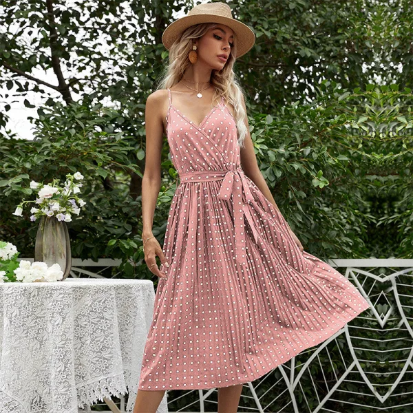Chic / Beautiful Summer Street Wear Ocean Blue Spotted Maxi Dresses 2021 V-Neck Sleeveless Cami Sash