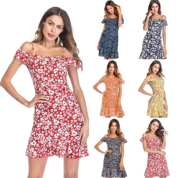 Summer Red Street Wear Floral Chiffon Women Dresses 2021 Off-The-Shoulder Cami Short Sleeve