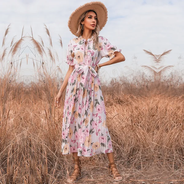 Summer Blushing Pink Street Wear Printing Maxi Dresses 2021 Scoop Neck Bow Sash Short Sleeve Tea-length Women Dresses