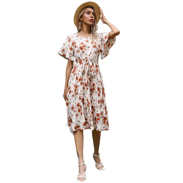 Summer Street Wear Floral Pool Blue Women Dresses 2021 Scoop Neck Short Sleeve Sash Tea-length