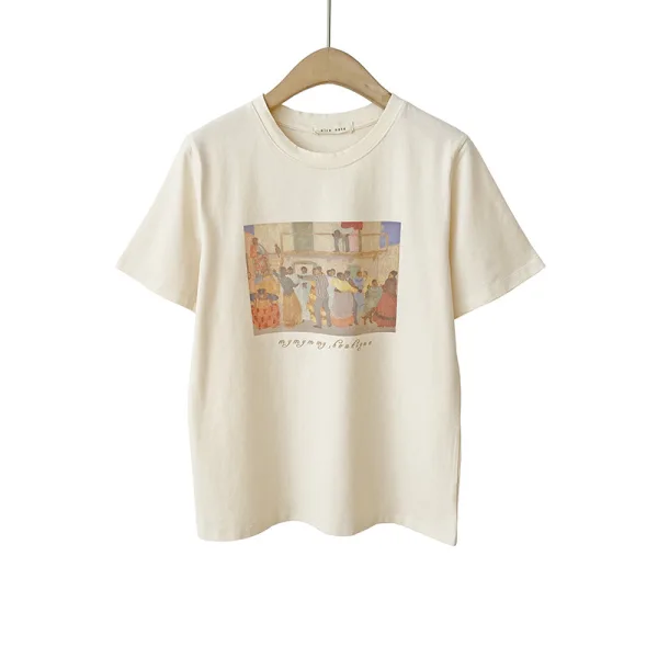 Casual Summer Cartoon Printing Grey Loose T-Shirts 2021 Cotton Scoop Neck Short Sleeve Women's Tops
