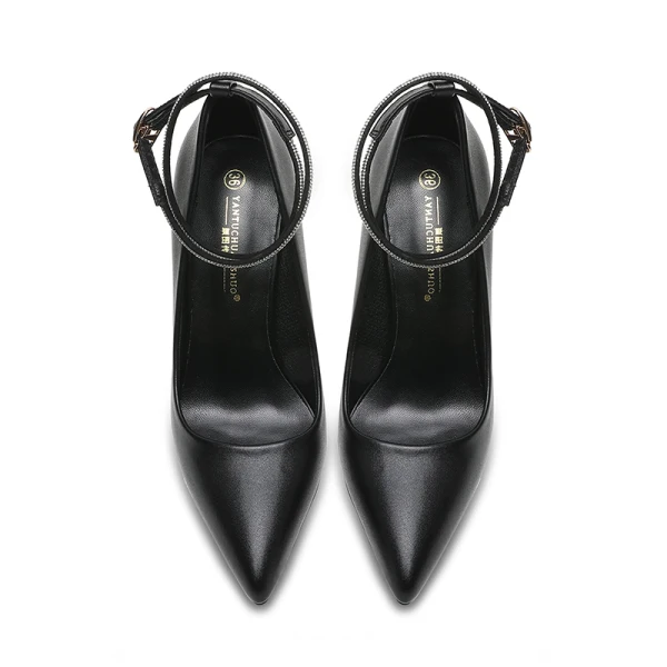 Schöne Schwarz Abend Pumps 2021 Wasserdichte Knöchelriemen 12 cm Stilettos Spitzschuh Pumps Hochhackige