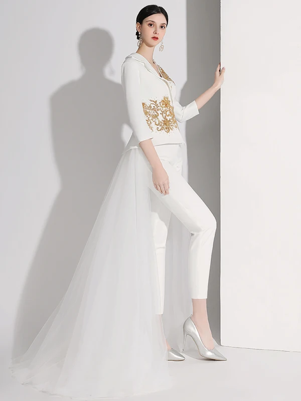 Mode Ivory / Creme Pailletten Abend Overall 2021 V-Ausschnitt 3/4 Ärmel Rückenfreies Lange Abendkleider