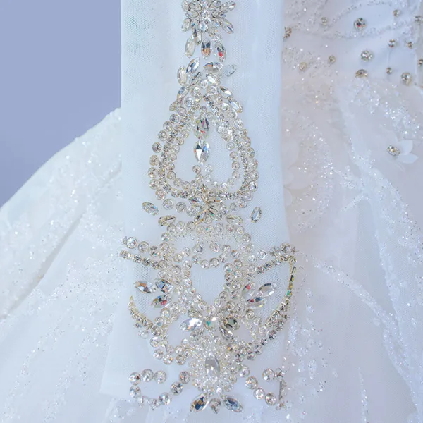 Luxury / Gorgeous High-end Ivory Glitter Beading Crystal Rhinestone Wedding Dresses 2021 Ball Gown High Neck Appliques Sequins 3/4 Sleeve Royal Train