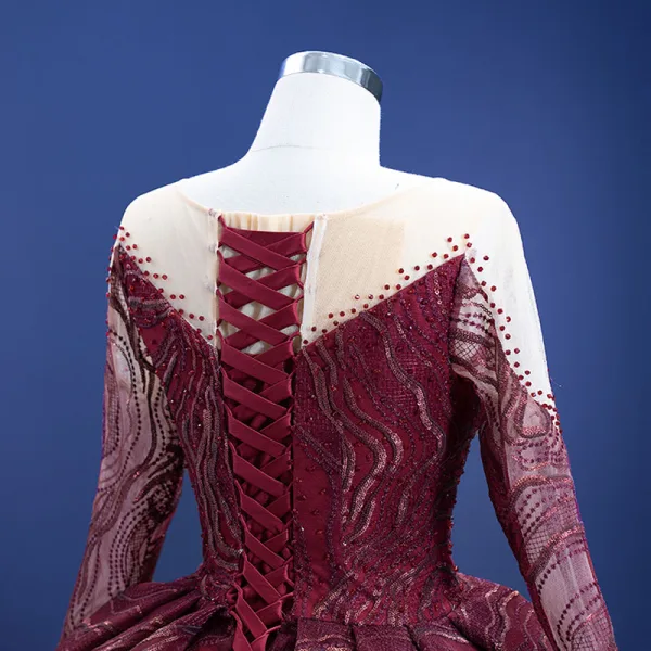 High-end Burgundy Beading Sequins Prom Dresses 2021 Scoop Neck Long Sleeve Court Train Prom Formal Dresses