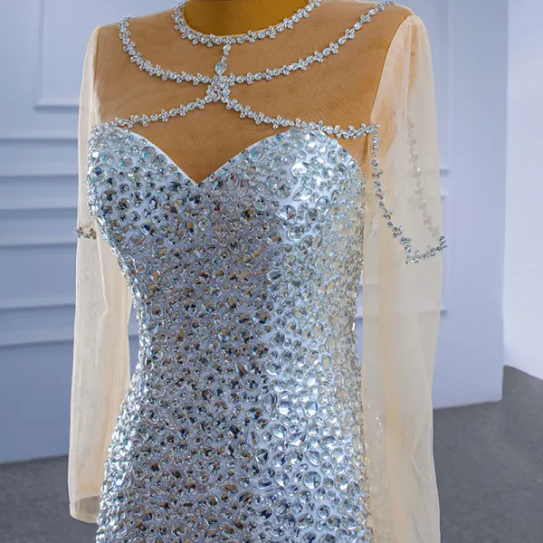 Sparkly Charming Silver Beading Sequins Rhinestone 2021 Trumpet / Mermaid Scoop Neck Long Sleeve Court Train Wedding Dresses