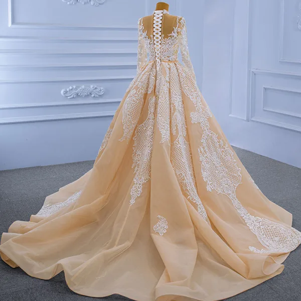 High-end Champagne Pearl Lace Flower Wedding Dresses 2021 Trumpet / Mermaid High Neck Long Sleeve Floor-Length / Long Wedding