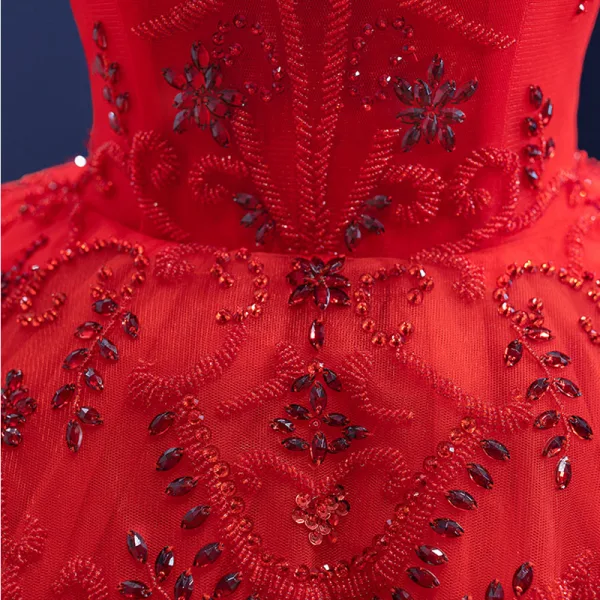 Charming Red Ruffle Wedding Dresses 2021 Ball Gown High Neck Beading Rhinestone Sleeveless Backless Cathedral Train Wedding