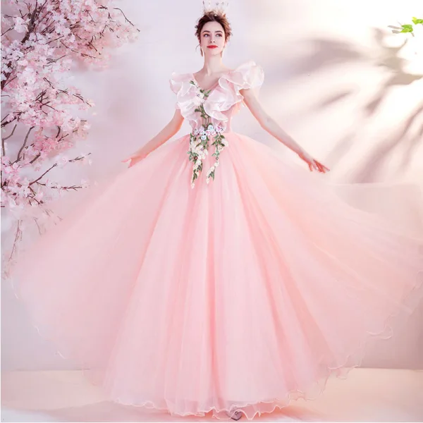 Flower Fairy Candy Pink Ruffle Prom Dresses 2021 A-Line / Princess V-Neck Lace Flower Appliques Long Sleeve Backless Floor-Length / Long Prom Formal Dresses