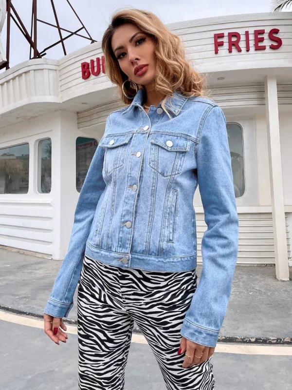 Fashion Summer Street Wear Casual Sky Blue Denim Coats & Jackets 2021 Lapel  Long Sleeve Women's Tops