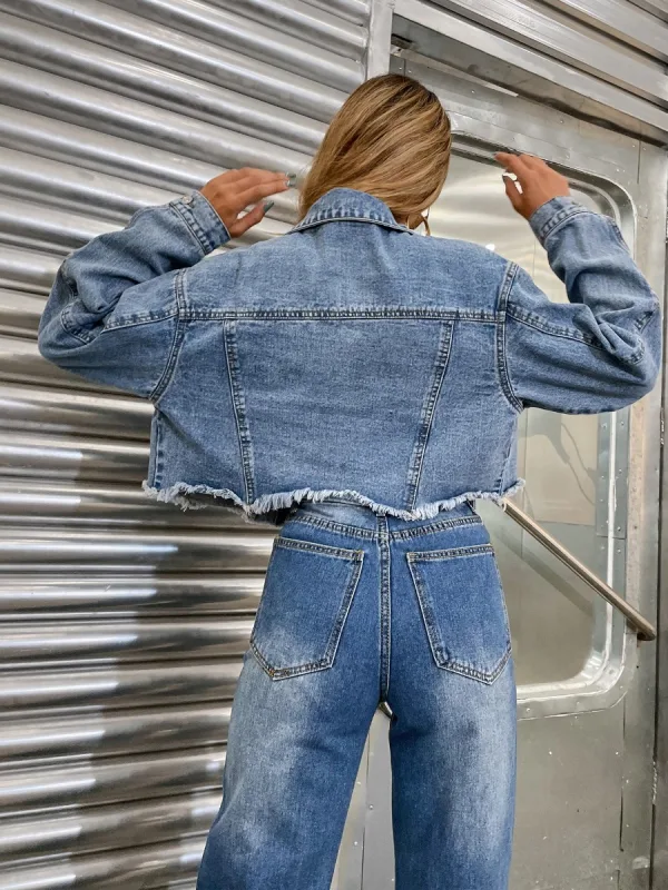 Mode Ocean Blå Trasiga Gatukläder Denim Rockar & Jackor 2021 Covered Button Omslags Damtoppar