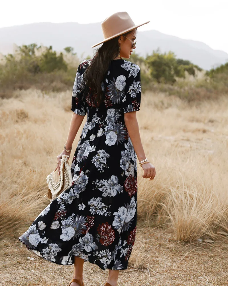 Bohemia Black Summer Resort Wear Street Wear Beach Loose Floral Maxi Dresses  2021 V Neck Short Sleeve Women
