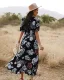 Bohême Noire Été Vêtements de vacances Vêtement de rue Plage Ample Floral Robes longues 2021 V-Cou Manches Courtes Femme