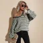 Mode Vert Tricot Rayé Vêtement de rue Ample Chandails 2021 Coton V-Cou Manches Longues Hauts