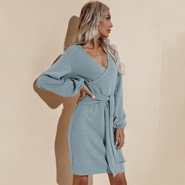 Summer Street Wear Resort Wear Burgundy Solid Color Regular Women Dresses 2021 V-Neck Sash Long Sleeve