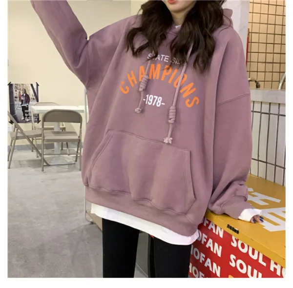 Comfortable Fall Winter Casual Navy Blue Loose Letter Graphic Hooded Sweatshirts 2021 Cotton Long Sleeve Women's Tops