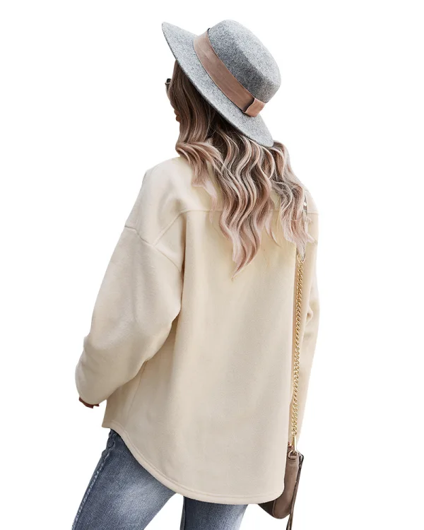 Comfortable Fall Winter Street Wear Beige Suede Regular Blouses 2021 Lapel  Long Sleeve Women's Tops