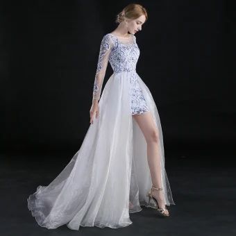 Style Chinois Asymétrique Robe De Soirée 2017 Princesse Encolure Dégagée Manches Longues Brodé Fleur Blanche Organza Détachable Robe De Ceremonie