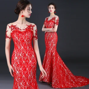 Style Chinois Rouge Transparentes Robe De Soirée 2018 Trompette Sirène Encolure Dégagée Manches Courtes Paillettes Perlage Tribunal Train Dos Nu Robe De Ceremonie