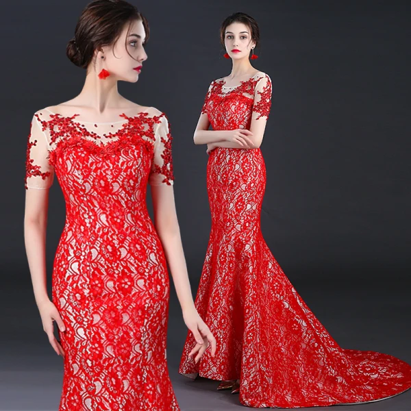 Style Chinois Rouge Transparentes Robe De Soirée 2018 Trompette / Sirène Encolure Dégagée Manches Courtes Paillettes Perlage Tribunal Train Dos Nu Robe De Ceremonie