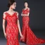 Style Chinois Rouge Transparentes Robe De Soirée 2018 Trompette / Sirène Encolure Dégagée Manches Courtes Paillettes Perlage Tribunal Train Dos Nu Robe De Ceremonie