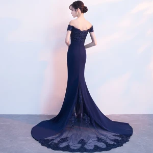 Charmant Bleu Marine Robe De Soirée 2018 Trompette Sirène De L Épaule Manches Courtes Appliques En Dentelle Perlage Chapel Train Dos Nu Robe De Ceremonie