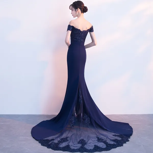 Charming Navy Blue Evening Dresses  2018 Trumpet / Mermaid Off-The-Shoulder Short Sleeve Appliques Lace Beading Chapel Train Backless Formal Dresses