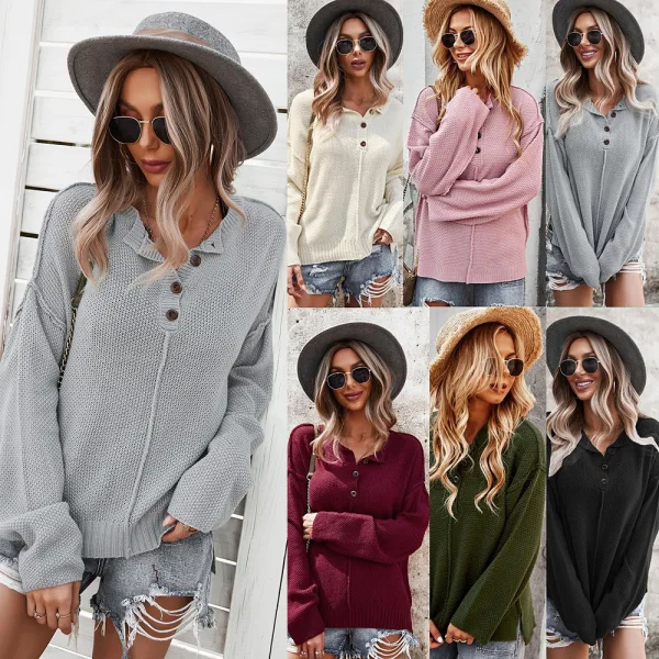 Comfortable Fall Winter White Street Wear Sweaters 2021 Cotton V-Neck Long Sleeve Loose Women's Tops