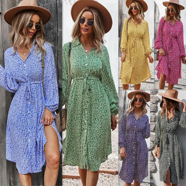 Bohemia Summer Printing Yellow Women Dresses 2021 A-Line / Princess Beach Street Wear Resort Wear V-Neck Sash Long Sleeve Knee-Length