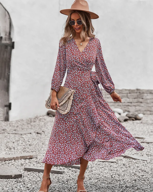 Bohemia Summer Beach Resort Wear Yellow Floral Maxi Dresses 2021 V-Neck Sash Bow Long Sleeve Tea-length