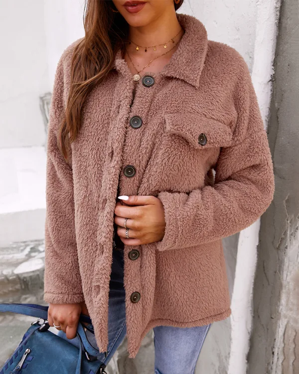 Fashion Fall Winter Suede Blushing Pink Street Wear Coats & Jackets Sweaters 2021 Buttons Lapel Long Sleeve Regular Women's Tops