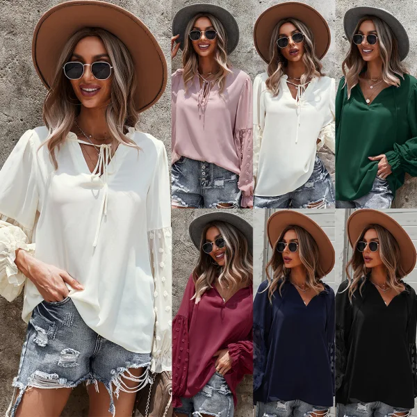 Mode Tomber Hiver Beige Désinvolte Blouses 2021 V-Cou Manches Longues Ample Femme Hauts