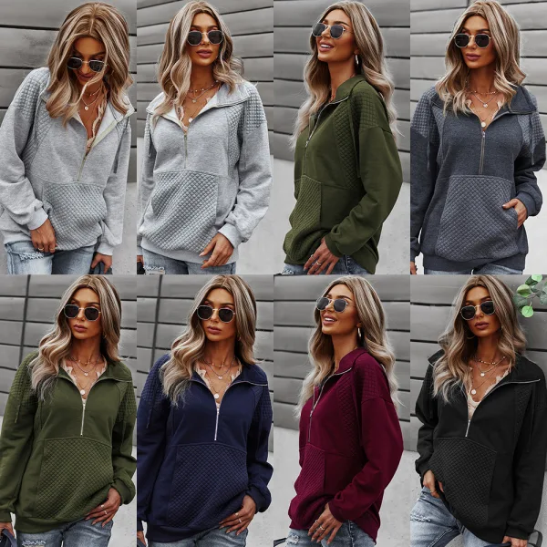 Fashion Fall Winter Solid Color Army Green Casual Lapel  Sweatshirts 2021 Long Sleeve Loose Women Tops