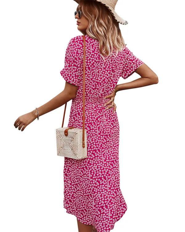 Bohemia Summer Spring Beach Resort Wear Street Wear Red Floral Women Dresses 2021 V-Neck Short Sleeve Loose